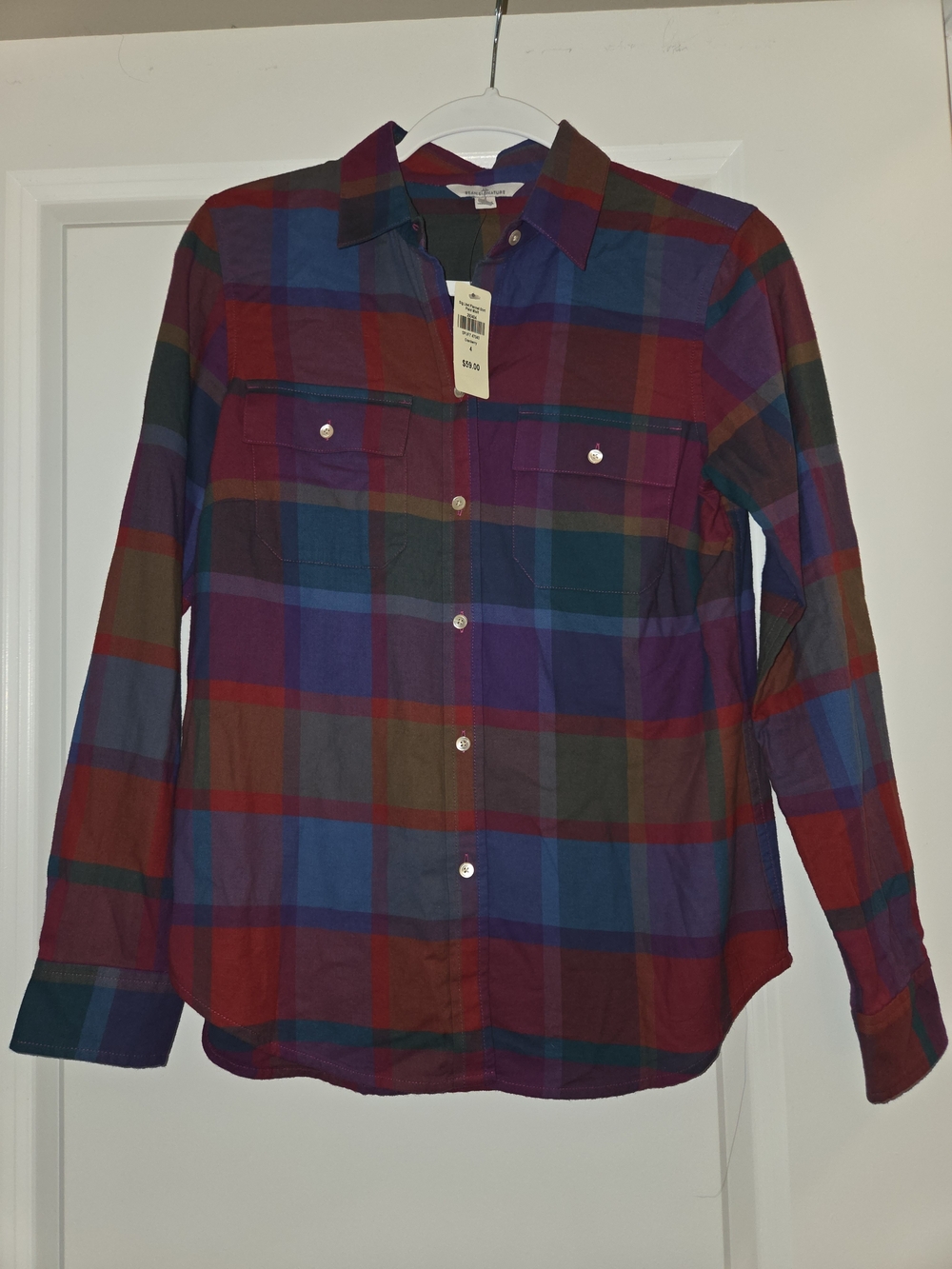 L.L Bean Signature Plaid Button-Up Shirt in Red, Blue & Purple Size 4